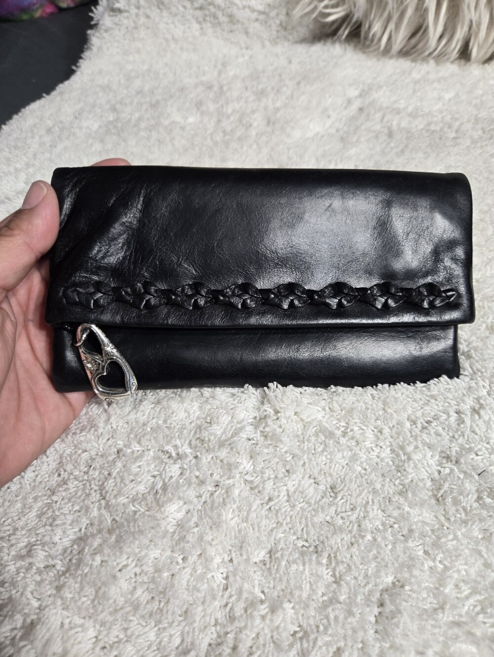 Brighton black leather clutch purse/ wallet with silver heart hardware Trifold